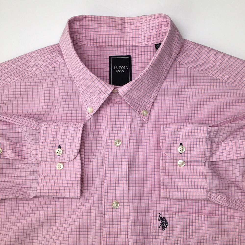 US Polo Assn. Dress Shirt Mens 16/16.5 - 34/35 Pink Micro-Check Long Sleeves